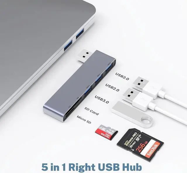Alt view image 2 of 6 - USB A Hub, Networking Hubs Right Model 5-in-1 Adapter with 1 USB3.0 &2 USB2.0 & Micro SD/TF Card Reader, Compatible for Laptop MacBook, Chromebook, Dell, HP, Samsung, Keyboard, Mouse Etc.