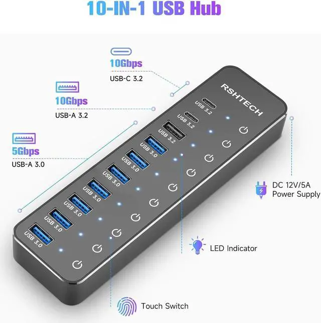 Alt view image 2 of 7 - Powered USB Hub, RSHTECH 10-Port USB 3.2/USB C Hub 60W with 10Gbps USB-A 3.2, 2 USB-C 3.2, 7 USB 3.0 Ports, Individual Touch Switches and 3.3ft Cable, Hybrid USB Splitter for Laptop/PC, RSH-ST10C