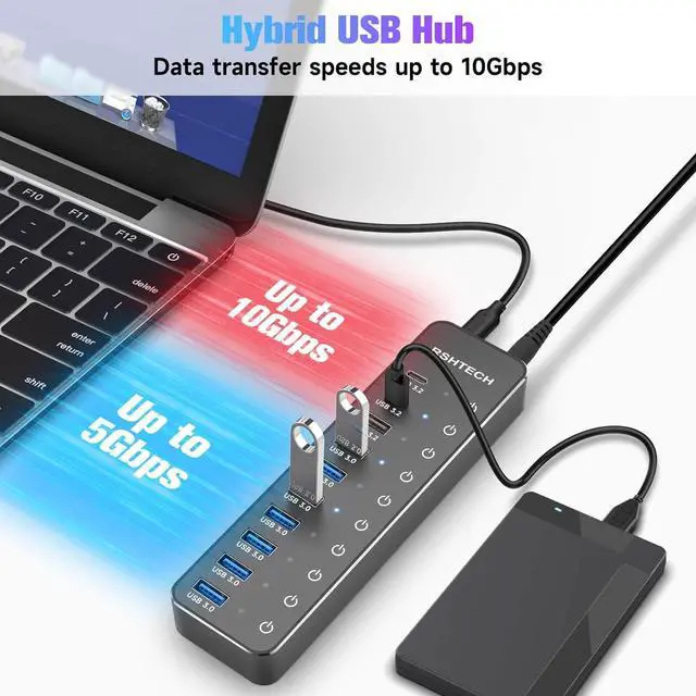Alt view image 3 of 7 - Powered USB Hub, RSHTECH 10-Port USB 3.2/USB C Hub 60W with 10Gbps USB-A 3.2, 2 USB-C 3.2, 7 USB 3.0 Ports, Individual Touch Switches and 3.3ft Cable, Hybrid USB Splitter for Laptop/PC, RSH-ST10C