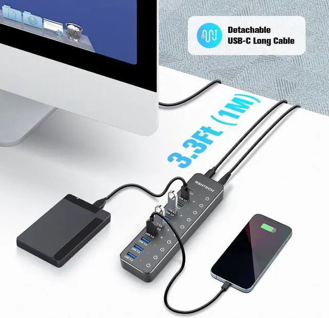 Alt view image 5 of 7 - Powered USB Hub, RSHTECH 10-Port USB 3.2/USB C Hub 60W with 10Gbps USB-A 3.2, 2 USB-C 3.2, 7 USB 3.0 Ports, Individual Touch Switches and 3.3ft Cable, Hybrid USB Splitter for Laptop/PC, RSH-ST10C