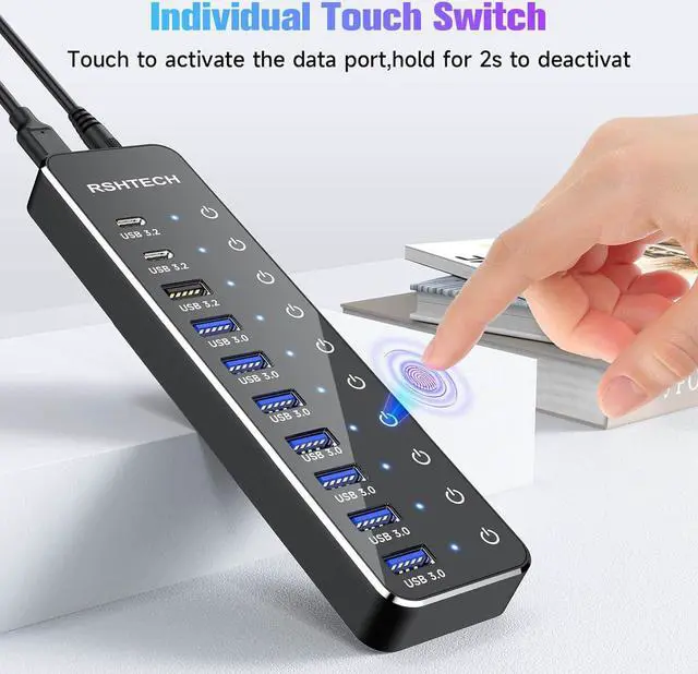 Alt view image 6 of 7 - Powered USB Hub, RSHTECH 10-Port USB 3.2/USB C Hub 60W with 10Gbps USB-A 3.2, 2 USB-C 3.2, 7 USB 3.0 Ports, Individual Touch Switches and 3.3ft Cable, Hybrid USB Splitter for Laptop/PC, RSH-ST10C