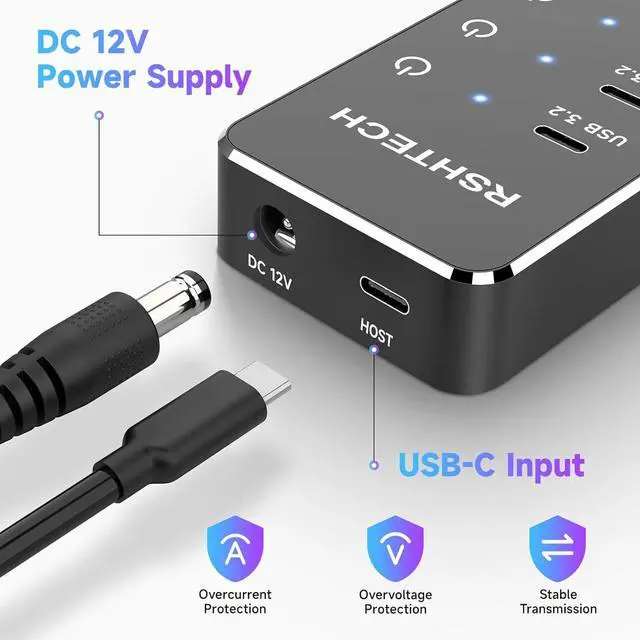 Alt view image 7 of 7 - Powered USB Hub, RSHTECH 10-Port USB 3.2/USB C Hub 60W with 10Gbps USB-A 3.2, 2 USB-C 3.2, 7 USB 3.0 Ports, Individual Touch Switches and 3.3ft Cable, Hybrid USB Splitter for Laptop/PC, RSH-ST10C