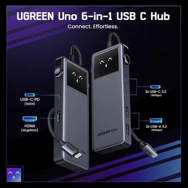Alt view image 2 of 7 - UGREEN Uno 6 in 1 USB-C Hub with 10Gbps USB-C & USB-A Data Ports 4K@60Hz HDMI for MacBook Pro/Air, iPad Pro, Surface, XPS, Thinkpad and More.