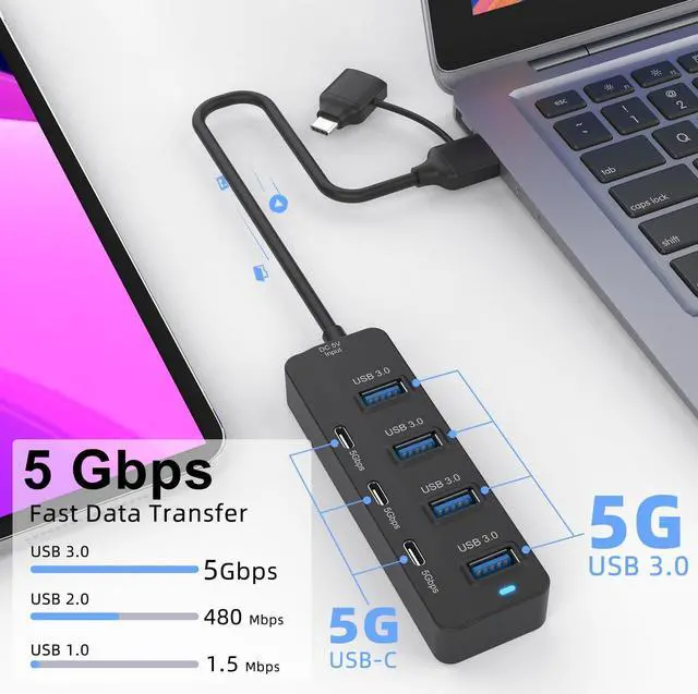 Alt view image 2 of 6 - USB C Hub, 5Gbps 7 Ports with 3* USB C 3.0 and 4* USB 3.0 Hub, USB hub with USB c and USB a multiport Adapter Compatible with Thunderbolt3/4,MacBook, iMac, Surface Pro and More USB/USB C Devices