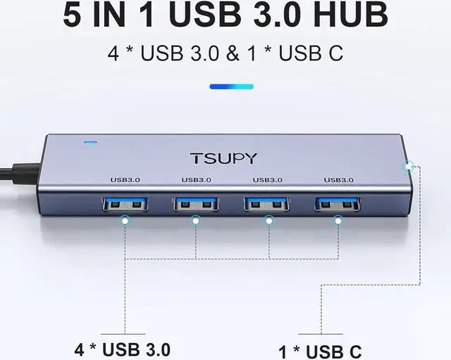 Alt view image 2 of 6 - USB 3.0 HUB, TSUPY USB Splitter with 5 USB Ports and 4ft Extended Cable,Ultra-Slim Aluminium Data Hub Multi USB 3.0 Adapter HUB for Laptop,MacBook,PC, Printer, Mobile HDD and More