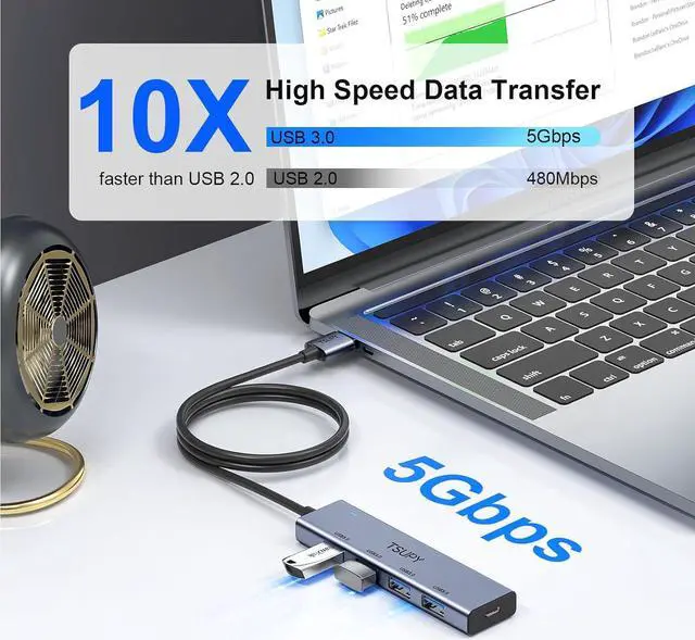 Alt view image 3 of 6 - USB 3.0 HUB, TSUPY USB Splitter with 5 USB Ports and 4ft Extended Cable,Ultra-Slim Aluminium Data Hub Multi USB 3.0 Adapter HUB for Laptop,MacBook,PC, Printer, Mobile HDD and More