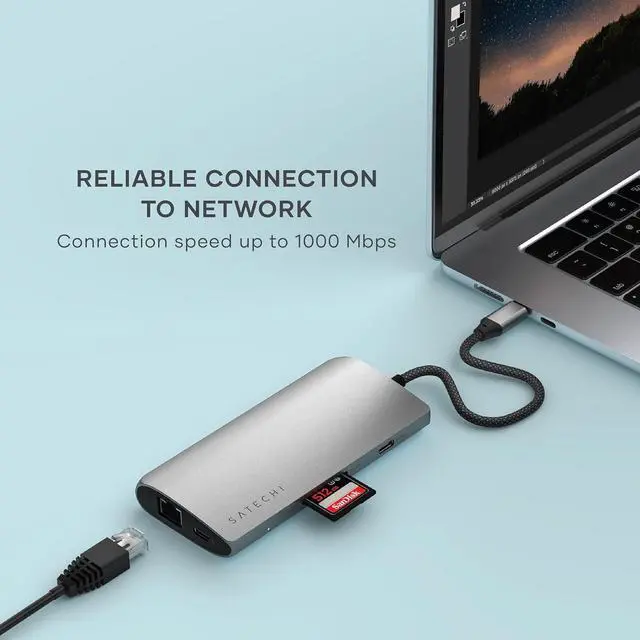 Alt view image 2 of 7 - Satechi USB C Hub Multiport Adapter V3, 8 in 1 USB C Dongle with 8K HDMI, 85W USB C PD Charging, 4 USB C Data Ports, Ethernet, SD Card Reader for Mac, Windows - Space Gray
