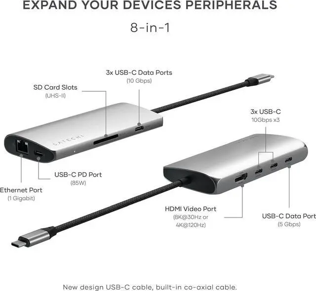 Alt view image 4 of 7 - Satechi USB C Hub Multiport Adapter V3, 8 in 1 USB C Dongle with 8K HDMI, 85W USB C PD Charging, 4 USB C Data Ports, Ethernet, SD Card Reader for Mac, Windows - Space Gray