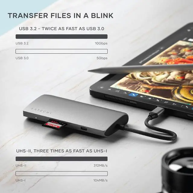 Alt view image 5 of 7 - Satechi USB C Hub Multiport Adapter V3, 8 in 1 USB C Dongle with 8K HDMI, 85W USB C PD Charging, 4 USB C Data Ports, Ethernet, SD Card Reader for Mac, Windows - Space Gray