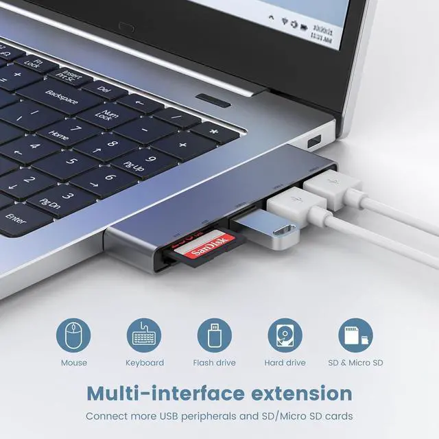 Alt view image 3 of 6 - USB A Hub, Networking Hubs Right Model 5-in-1 Adapter with 1 USB3.0 &2 USB2.0 & Micro SD/TF Card Reader, Compatible for Laptop MacBook, Chromebook, Dell, HP, Samsung, Keyboard, Mouse Etc.