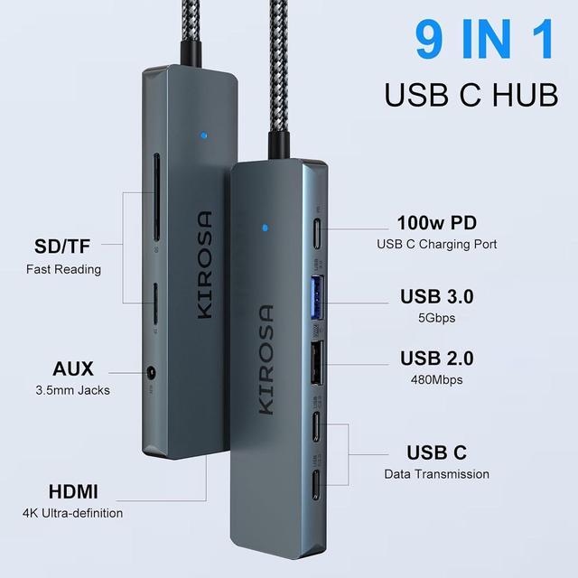 Alt view image 2 of 7 - USB C Hub Multiport Adapter for MacBook Pro Air: KIROSA 9 in 1 USB C to 4K HDMI Hub Dongle with 100W PD USB3.0 - Portable USBC Hub Compatible with Laptops and Other Type C Devices
