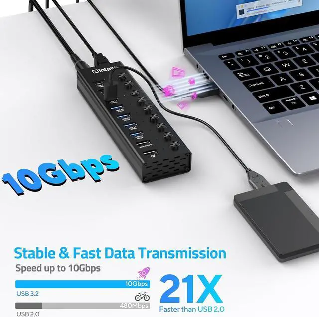 Alt view image 2 of 7 - Powered USB Hub, intpw 9-Port USB 3.2/USB C Hub with 10Gbps USB-A 3.2,2 USB-C 3.2,4 USB 3.0 Ports,2 Fast Charging Port, Individual Switches, 48W Power Adapter, Aluminum USB Hub Powered for Laptop/PC