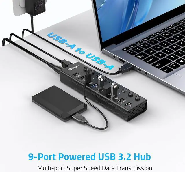 Alt view image 3 of 7 - Powered USB Hub, intpw 9-Port USB 3.2/USB C Hub with 10Gbps USB-A 3.2,2 USB-C 3.2,4 USB 3.0 Ports,2 Fast Charging Port, Individual Switches, 48W Power Adapter, Aluminum USB Hub Powered for Laptop/PC