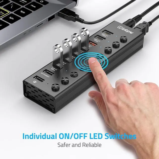 Alt view image 4 of 7 - Powered USB Hub, intpw 9-Port USB 3.2/USB C Hub with 10Gbps USB-A 3.2,2 USB-C 3.2,4 USB 3.0 Ports,2 Fast Charging Port, Individual Switches, 48W Power Adapter, Aluminum USB Hub Powered for Laptop/PC