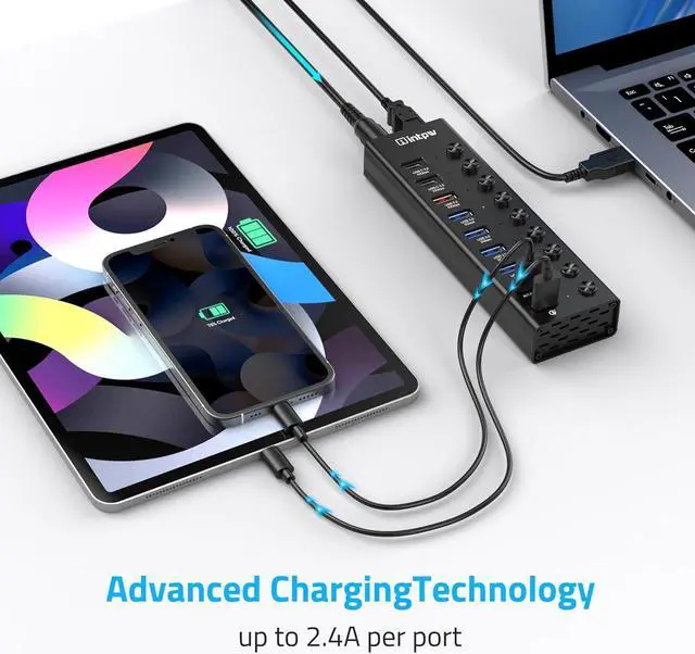 Alt view image 5 of 7 - Powered USB Hub, intpw 9-Port USB 3.2/USB C Hub with 10Gbps USB-A 3.2,2 USB-C 3.2,4 USB 3.0 Ports,2 Fast Charging Port, Individual Switches, 48W Power Adapter, Aluminum USB Hub Powered for Laptop/PC