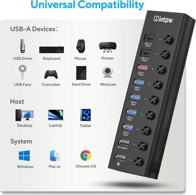 Alt view image 6 of 7 - Powered USB Hub, intpw 9-Port USB 3.2/USB C Hub with 10Gbps USB-A 3.2,2 USB-C 3.2,4 USB 3.0 Ports,2 Fast Charging Port, Individual Switches, 48W Power Adapter, Aluminum USB Hub Powered for Laptop/PC