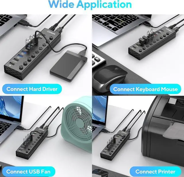 Alt view image 7 of 7 - Powered USB Hub, intpw 9-Port USB 3.2/USB C Hub with 10Gbps USB-A 3.2,2 USB-C 3.2,4 USB 3.0 Ports,2 Fast Charging Port, Individual Switches, 48W Power Adapter, Aluminum USB Hub Powered for Laptop/PC
