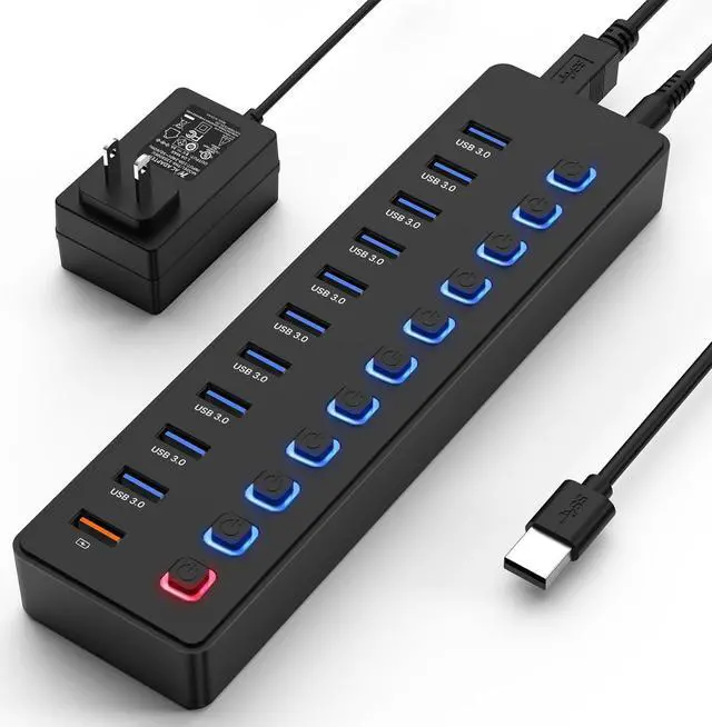 Main image of USB hubPowered USB hub 11-Port hub Splitter10 USB 3.0 Data Transfer Port + 1 Smart Charging Port Independent Switch (with LED Working Indicator) USB 3.0 Hub Powered with Power Adapter for Mac/PC