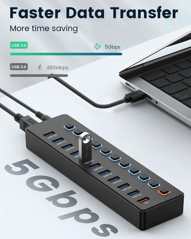 Alt view image 3 of 7 - USB hubPowered USB hub 11-Port hub Splitter10 USB 3.0 Data Transfer Port + 1 Smart Charging Port Independent Switch (with LED Working Indicator) USB 3.0 Hub Powered with Power Adapter for Mac/PC