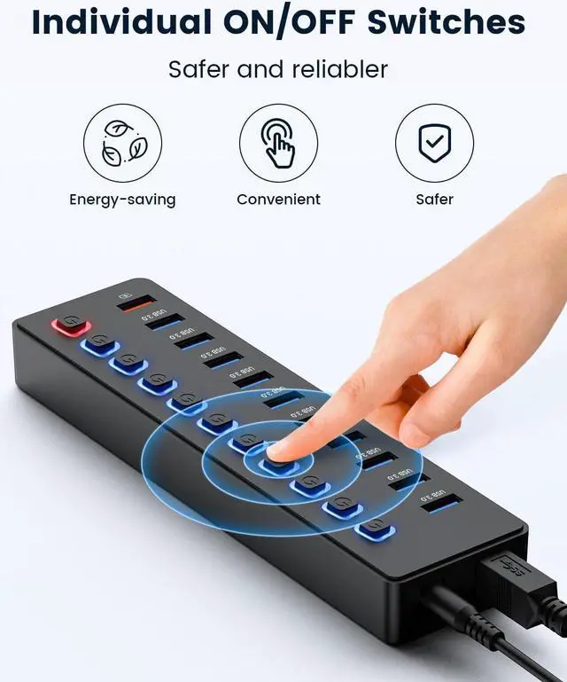 Alt view image 5 of 7 - USB hubPowered USB hub 11-Port hub Splitter10 USB 3.0 Data Transfer Port + 1 Smart Charging Port Independent Switch (with LED Working Indicator) USB 3.0 Hub Powered with Power Adapter for Mac/PC