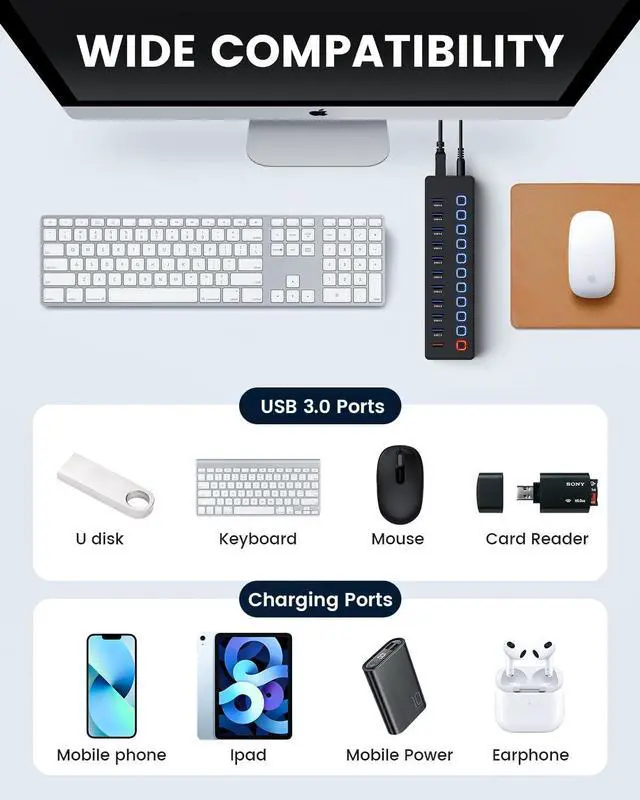 Alt view image 6 of 7 - USB hubPowered USB hub 11-Port hub Splitter10 USB 3.0 Data Transfer Port + 1 Smart Charging Port Independent Switch (with LED Working Indicator) USB 3.0 Hub Powered with Power Adapter for Mac/PC