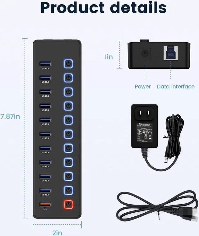 Alt view image 7 of 7 - USB hubPowered USB hub 11-Port hub Splitter10 USB 3.0 Data Transfer Port + 1 Smart Charging Port Independent Switch (with LED Working Indicator) USB 3.0 Hub Powered with Power Adapter for Mac/PC