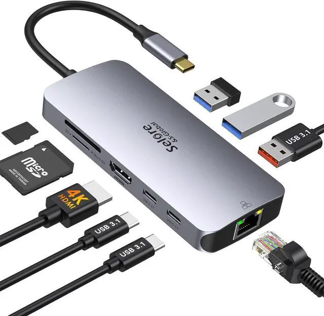 Main image of USB C Adapters for MacBook Pro/Air, Selore 9 in 1 USB C Hub with 4K HDMI, 2 * 10Gbps USB-C 3.1 GEN2 Port, 1Gbps Ethernet, USB 3.1 10Gbps Data Ports, 2*USB 3.0 dongle for Dell, HP and More