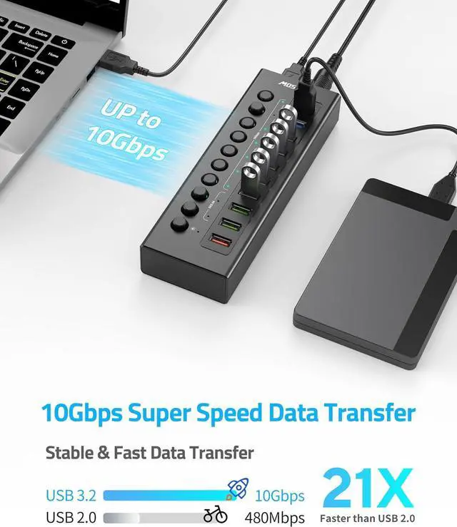 Alt view image 2 of 7 - Powered USB 3.2 Hub 10Gbps, 10-Ports USB Hub with 7×USB 3.2 Ports, 3×Fast Charging Ports, 36W Power Adapter, Individual On/Off Switches and 2 USB Cable 3.3ft, Aluminum USB Hub Powered for Laptops, PC