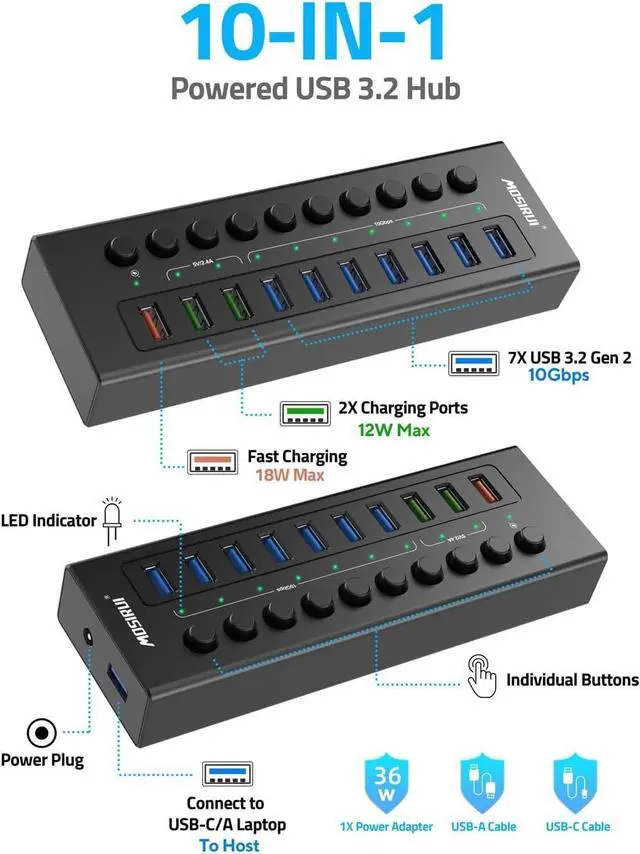 Alt view image 3 of 7 - Powered USB 3.2 Hub 10Gbps, 10-Ports USB Hub with 7×USB 3.2 Ports, 3×Fast Charging Ports, 36W Power Adapter, Individual On/Off Switches and 2 USB Cable 3.3ft, Aluminum USB Hub Powered for Laptops, PC