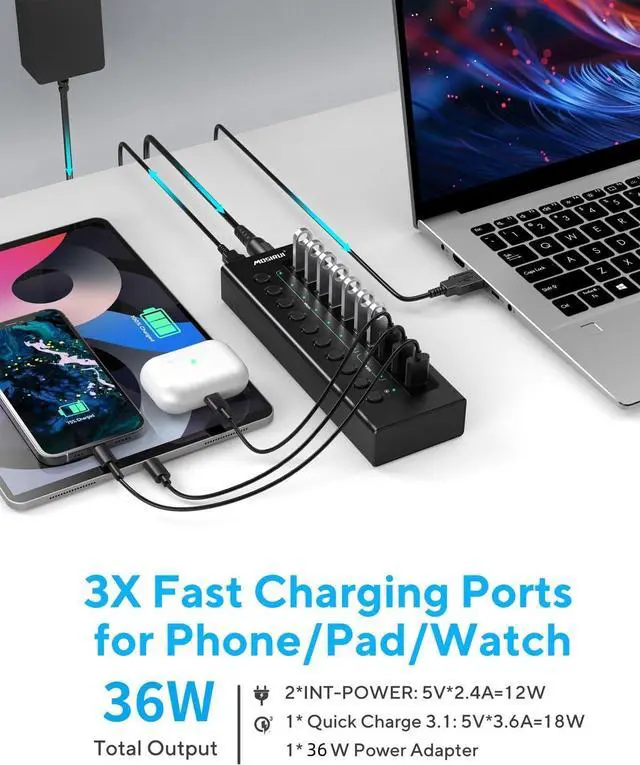 Alt view image 4 of 7 - Powered USB 3.2 Hub 10Gbps, 10-Ports USB Hub with 7×USB 3.2 Ports, 3×Fast Charging Ports, 36W Power Adapter, Individual On/Off Switches and 2 USB Cable 3.3ft, Aluminum USB Hub Powered for Laptops, PC