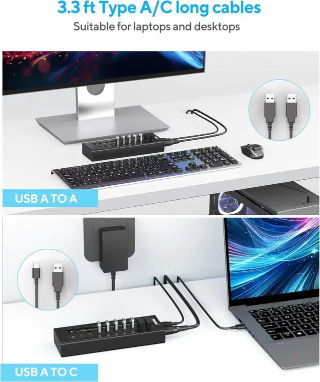 Alt view image 7 of 7 - Powered USB 3.2 Hub 10Gbps, 10-Ports USB Hub with 7×USB 3.2 Ports, 3×Fast Charging Ports, 36W Power Adapter, Individual On/Off Switches and 2 USB Cable 3.3ft, Aluminum USB Hub Powered for Laptops, PC