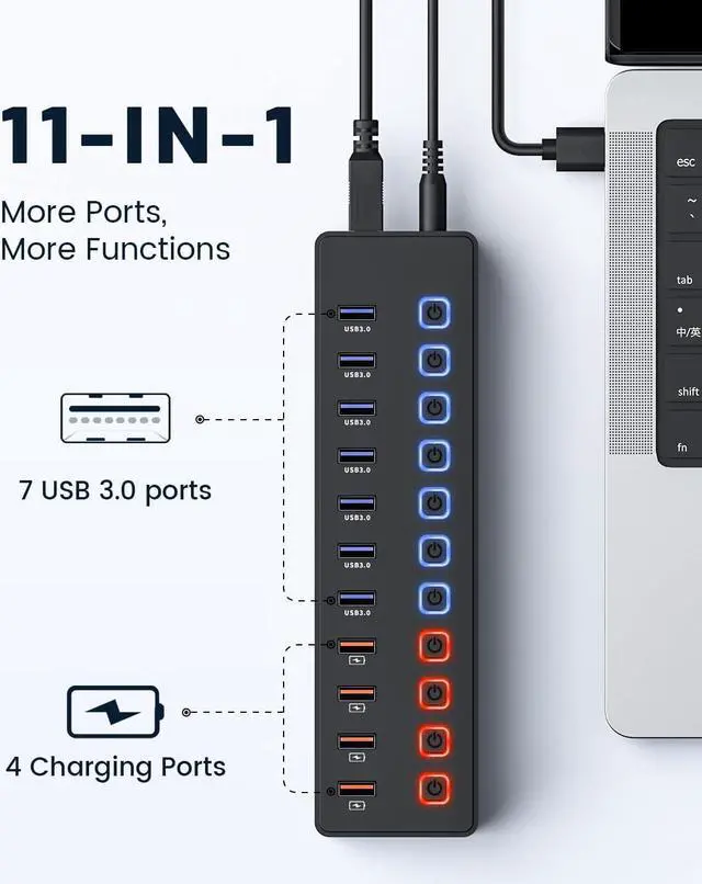 Alt view image 2 of 7 - Powered USB hub,USB hub11-Port hub Splitter (7 USB 3.0 Data Transfer Ports + 4 Smart Charging Port), Independent Switch (with LED Working Indicator) USB 3.0 Hub Powered with Power Adapter for Mac/PC