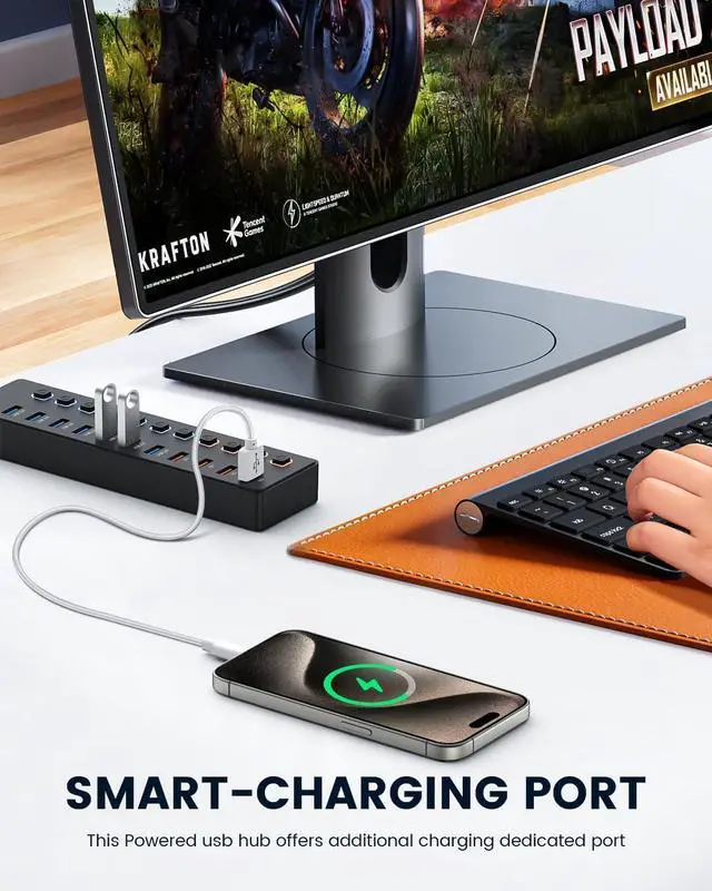 Alt view image 4 of 7 - Powered USB hub,USB hub11-Port hub Splitter (7 USB 3.0 Data Transfer Ports + 4 Smart Charging Port), Independent Switch (with LED Working Indicator) USB 3.0 Hub Powered with Power Adapter for Mac/PC
