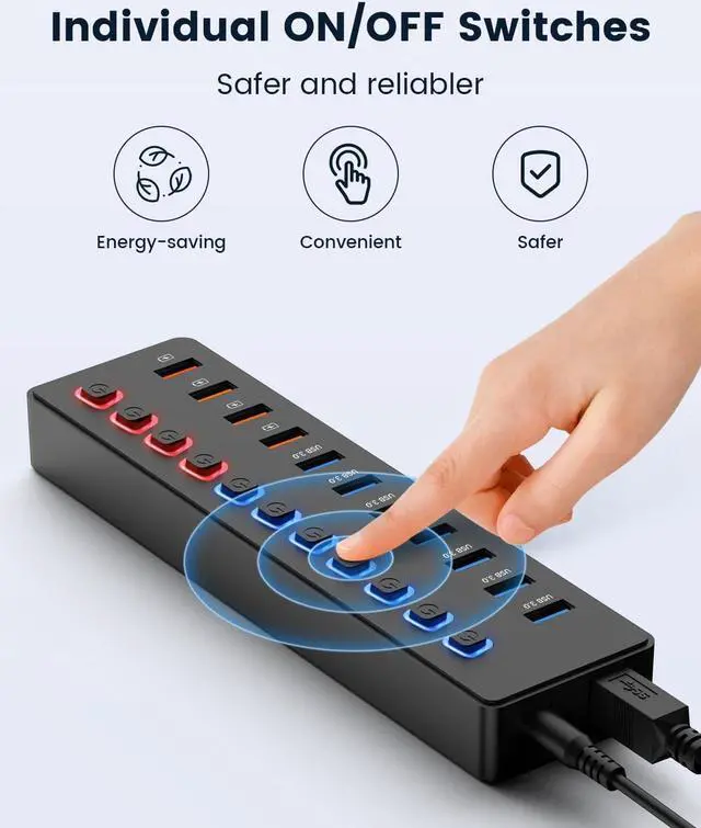 Alt view image 5 of 7 - Powered USB hub,USB hub11-Port hub Splitter (7 USB 3.0 Data Transfer Ports + 4 Smart Charging Port), Independent Switch (with LED Working Indicator) USB 3.0 Hub Powered with Power Adapter for Mac/PC