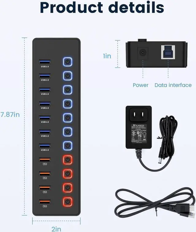 Alt view image 7 of 7 - Powered USB hub,USB hub11-Port hub Splitter (7 USB 3.0 Data Transfer Ports + 4 Smart Charging Port), Independent Switch (with LED Working Indicator) USB 3.0 Hub Powered with Power Adapter for Mac/PC