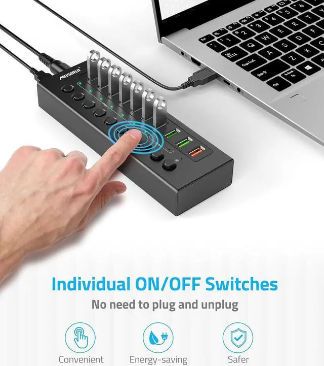 Alt view image 5 of 7 - Powered USB 3.2 Hub 10Gbps, 10-Ports USB Hub with 7×USB 3.2 Ports, 3×Fast Charging Ports, 36W Power Adapter, Individual On/Off Switches and 2 USB Cable 3.3ft, Aluminum USB Hub Powered for Laptops, PC