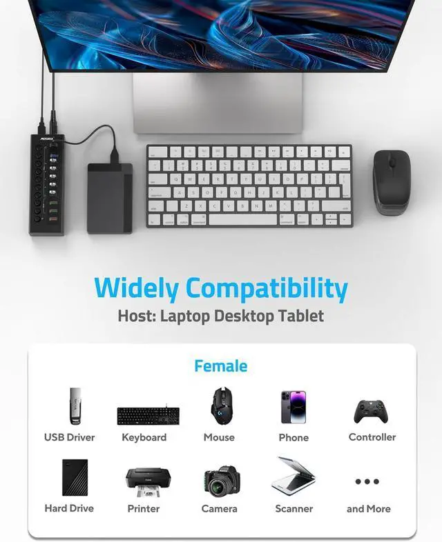 Alt view image 6 of 7 - Powered USB 3.2 Hub 10Gbps, 10-Ports USB Hub with 7×USB 3.2 Ports, 3×Fast Charging Ports, 36W Power Adapter, Individual On/Off Switches and 2 USB Cable 3.3ft, Aluminum USB Hub Powered for Laptops, PC