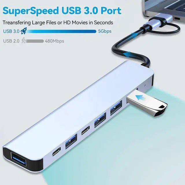 Alt view image 3 of 7 - USB C Hub USB Splitter 7 in 1 USB Extender Multiport USB Adapter with 5 USB Ports 1 USB-C 60W PD Charging Port for MacBook Pro/iPad Pro/Surface Pro/HP Laptop/Galaxy Phones (1 to 7)