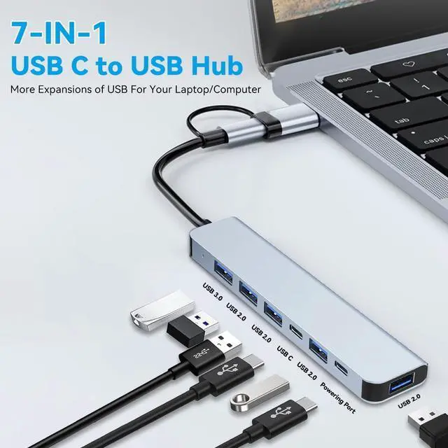 Alt view image 2 of 7 - USB C Hub USB Splitter 7 in 1 USB Extender Multiport USB Adapter with 5 USB Ports 1 USB-C 60W PD Charging Port for MacBook Pro/iPad Pro/Surface Pro/HP Laptop/Galaxy Phones (1 to 7)