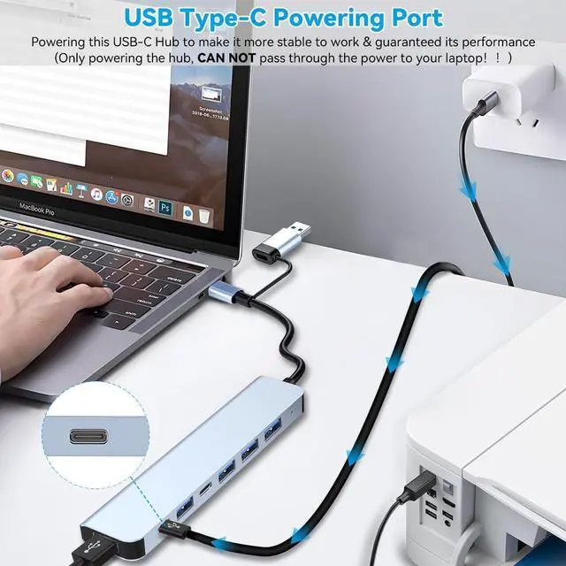 Alt view image 4 of 7 - USB C Hub USB Splitter 7 in 1 USB Extender Multiport USB Adapter with 5 USB Ports 1 USB-C 60W PD Charging Port for MacBook Pro/iPad Pro/Surface Pro/HP Laptop/Galaxy Phones (1 to 7)