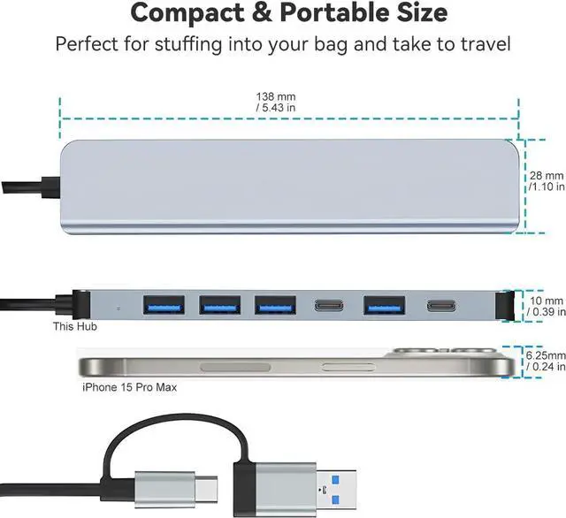 Alt view image 7 of 7 - USB C Hub USB Splitter 7 in 1 USB Extender Multiport USB Adapter with 5 USB Ports 1 USB-C 60W PD Charging Port for MacBook Pro/iPad Pro/Surface Pro/HP Laptop/Galaxy Phones (1 to 7)