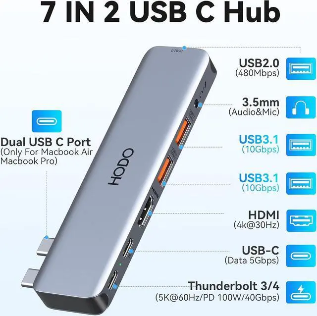 Alt view image 2 of 7 - USB C Adapter for MacBook Pro Air M3 M2 M1, USB C Hub Mac Adapter 7 in 2 MacBook Accessories with 4K HDMI, Thunderbolt 4 3, Data Transfer 10G USB 3.1 5G USB-C 480Mbps USB 2.0, 3.5mm Audio Mac Dongle