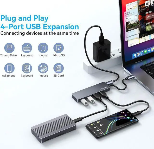 Alt view image 2 of 6 - USB C Hub USB 3.0 Hub for Laptop 4 Port USB Expander Multiport USB Splitter Type C Hub Dongle for MacBook Pro, Mac Mini iMac, Dell, HP, Chromebook, PC Flash Drive HDD