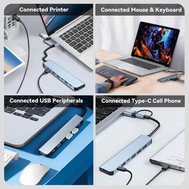 Alt view image 6 of 7 - USB C Hub USB Splitter 7 in 1 USB Extender Multiport USB Adapter with 5 USB Ports 1 USB-C 60W PD Charging Port for MacBook Pro/iPad Pro/Surface Pro/HP Laptop/Galaxy Phones (1 to 7)