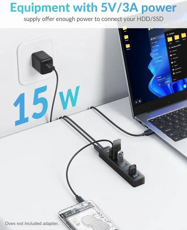 Alt view image 4 of 7 - 7 Port USB Hub 3.3FT/1M Long Cable USB 3.0 Hub Multi USB Port Hub Adapter Extension USB Splitter USB Hub for PC Compatible with All USB 3.0/2.0/1.1 Device