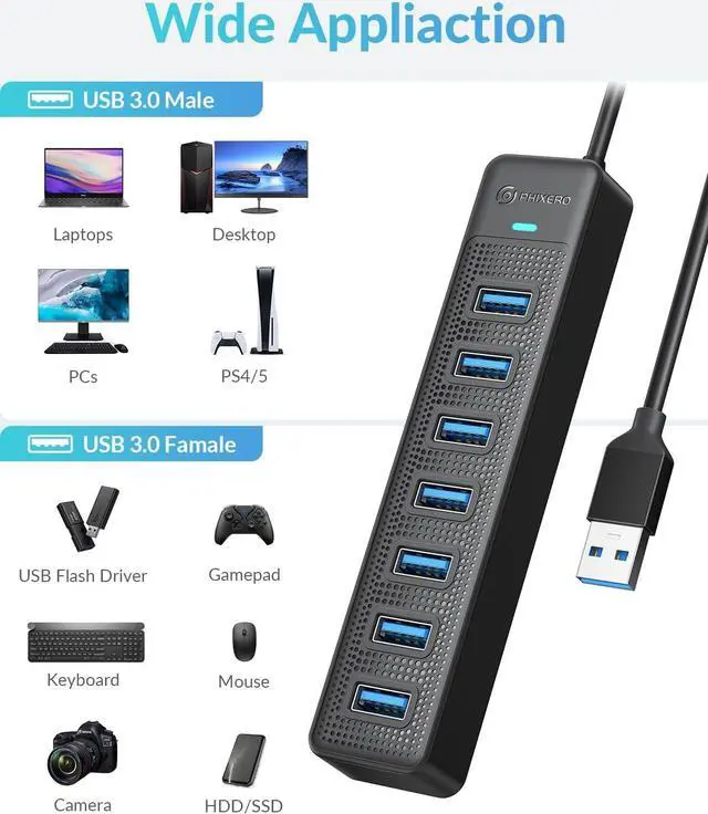 Alt view image 7 of 7 - 7 Port USB Hub 3.3FT/1M Long Cable USB 3.0 Hub Multi USB Port Hub Adapter Extension USB Splitter USB Hub for PC Compatible with All USB 3.0/2.0/1.1 Device