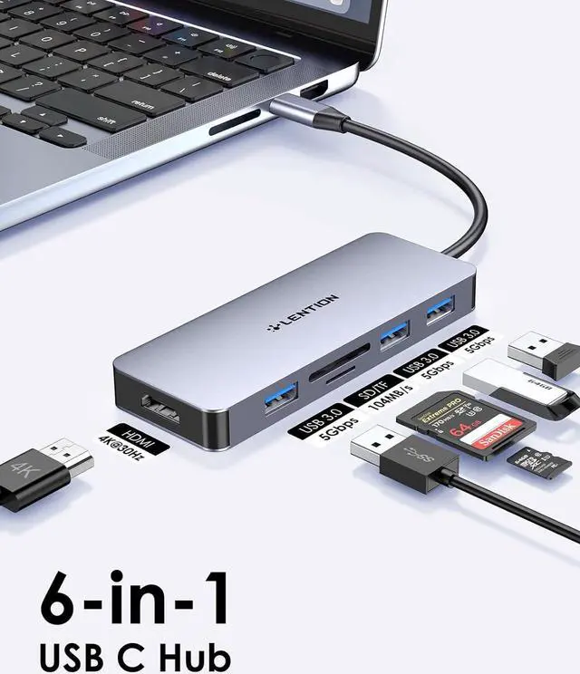 Main image of LENTION USB C Hub with 4K HDMI, 3 USB 3.0, SD/Micro SD Card Reader Compatible 2023-2016 MacBook Pro, New Mac Air/Surface, Stable Driver Certified Multi-Port Adapter (CB-C18, Space Gray)