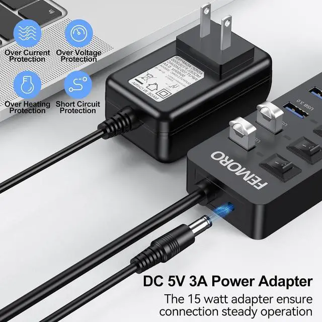 Alt view image 5 of 7 - Powered USB Hub 3.0, FEMORO Data 7 Ports and USB Charging 1 Port Multi USB 3.0 Splitter with Individual LED Switches Power Adapter 4FT Extender Long Cable for Laptop Computer PC PS4 Flash Drive HDD