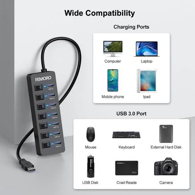 Alt view image 7 of 7 - Powered USB Hub 3.0, FEMORO Data 7 Ports and USB Charging 1 Port Multi USB 3.0 Splitter with Individual LED Switches Power Adapter 4FT Extender Long Cable for Laptop Computer PC PS4 Flash Drive HDD
