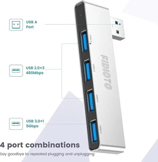 Alt view image 3 of 7 - Small USB Hub, Fidioto 4 Port USB Adapter(1 * 3.0 Hub, 3 * 2.0 Hub), Multi USB Port Expander for Laptop, iMac Pro, MacBook Air, Mac Mini/Pro, Notebook PC, USB Flash Drives and Mobile HDD Etc.